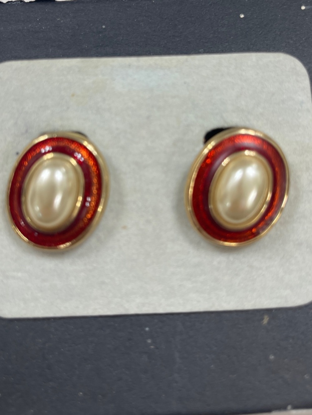 Vintage Monet Red Enamel and Faux Pearl Oval Clip-On Earrings